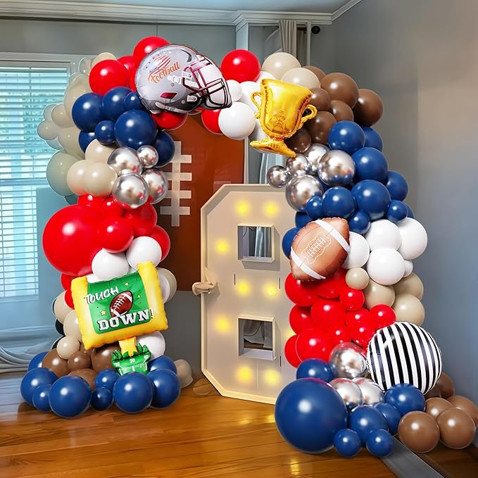 Football Balloon Arch Kit,140Pcs Red Navy Blue Silver Balloon Garland with Football,Helmet,Field Goal Post,Trophy Foil Balloons for Sports Rugby Birthday Big Game Touch Down Tailgate Party Decoration