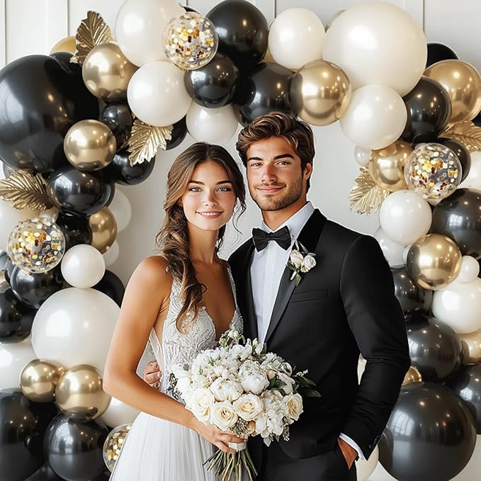 Black Gold White Balloons Arch Kit - 129 pcs Double Stuffed Pearl Sand White Black Chrome Gold with Confetti Balloon Garland for Birthday Graduation Father's Day New Year's Party Decoration