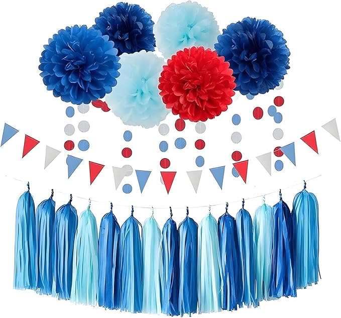 Blue Paper Tassel Garland Banner - Tri-Color Handmade Tassels for Party Decorations, Beach Wedding Backdrop, DIY Crafts (30-Pack)