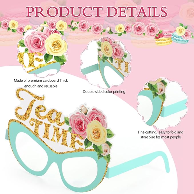 Pajean 32 Pcs Tea Party Decorations Eyeglasses Tea Time Themed Paper Glasses Supplies Floral Photo Booth Props Frame for Garden Floral Bridal Shower Birthday Party Decor Favors Supplies