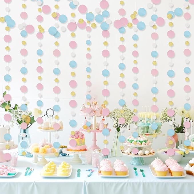 Outus 5 Pieces Pink,Blue,Gold,White Round Dots Garland Easter Graduation Party Hanging Decor Each Length 13.1ft Glitter Paper Dot Streamers for Birthday Wedding Classroom