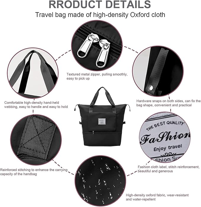 Large Capacity Folding Travel Bag, Lightweight Waterproof Luggage Bag, Expandable Travel Duffel Bag, Dry Wet Separated Gym Tote Bag, Weekender Overnight Bag for Women and Man (Black)