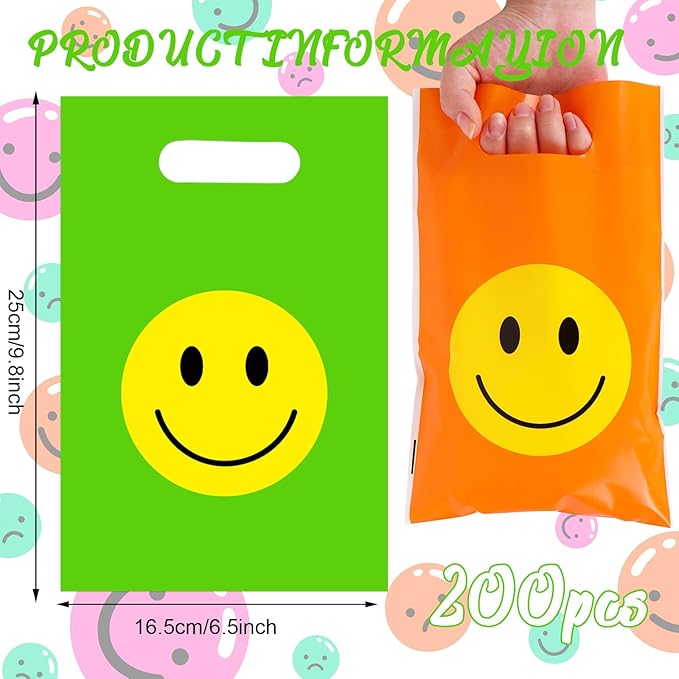 Whaline 200Pcs Rainbow Smile Face Party Favor Bag Colorful Plastic Treat Bags with Handles Candy Goodie Bags for Birthday Baby Shower Snack Cookie Packing