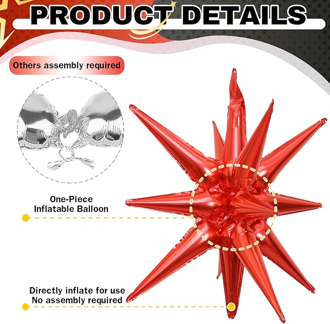 6PCS Star Balloons, 22Inch Red Black and Gold Star Balloon Foil Balloons Spike Cone Balloon for Birthday Anniversary Festival Film Casino New Year Party Decorations