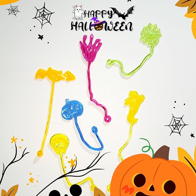 36pcs Halloween Party Favors Sticky Hands, Spider Web Skull Bat Stretchy Sticky Toys For Boys Girls, Birthday Party Supplies, Non Candy Halloween Treats Goodie Bag Stuffers