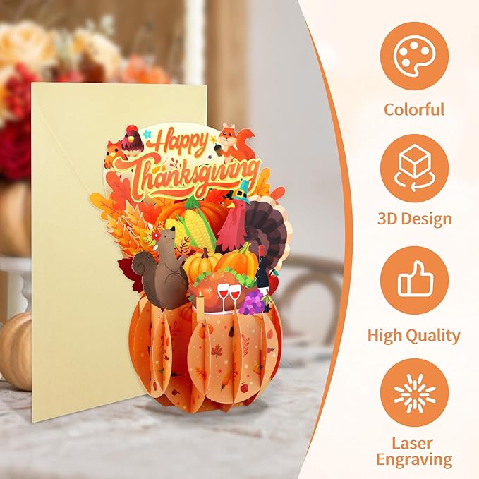 FaCraft Thanksgiving Cards - 3D Handmade Happy Thanksgiving Pop Up Greeting Cards with Envelope and Seals, Birthday Gifts for Kids Boy Girl