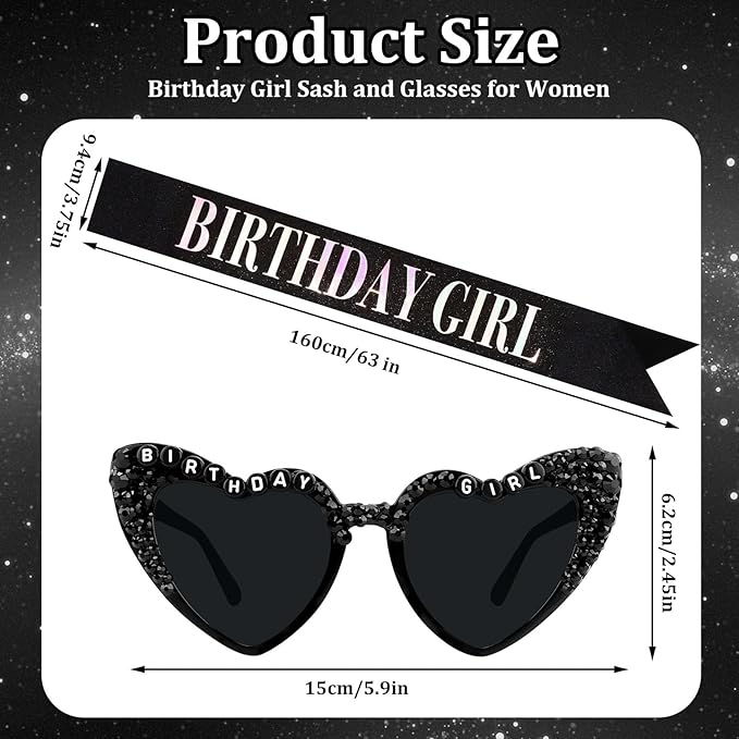 Birthday Girl Sash for Women & Birthday Glasses, Black Birthday Sash for Girls Happy Birthday Sash for Women Girls with Birth day Sunglasses for Woman and Girl