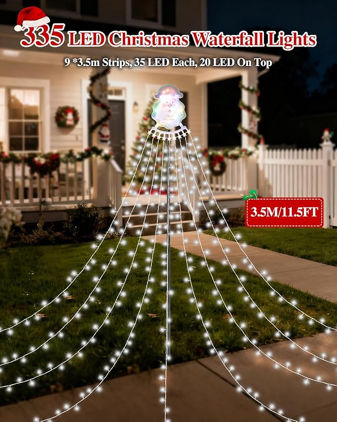 Christmas Waterfall Outdoor String Lights, Christmas Tree Lights with Topper 335 LED 11.48ft 9 Strands, 8 Lighting Modes Holiday New Year Decoration Lights for Wedding Yard Party Home Indoor Decor