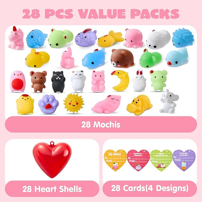 JOYIN 28 PCS Mochi Squishy Toys with Valentine Cards and Filled Hearts Party Favors for Kids Valentine Gifts Classroom Exchange, Kawaii Stress Relief Toy for Valentine’s Day Gift Exchange, Game Prizes
