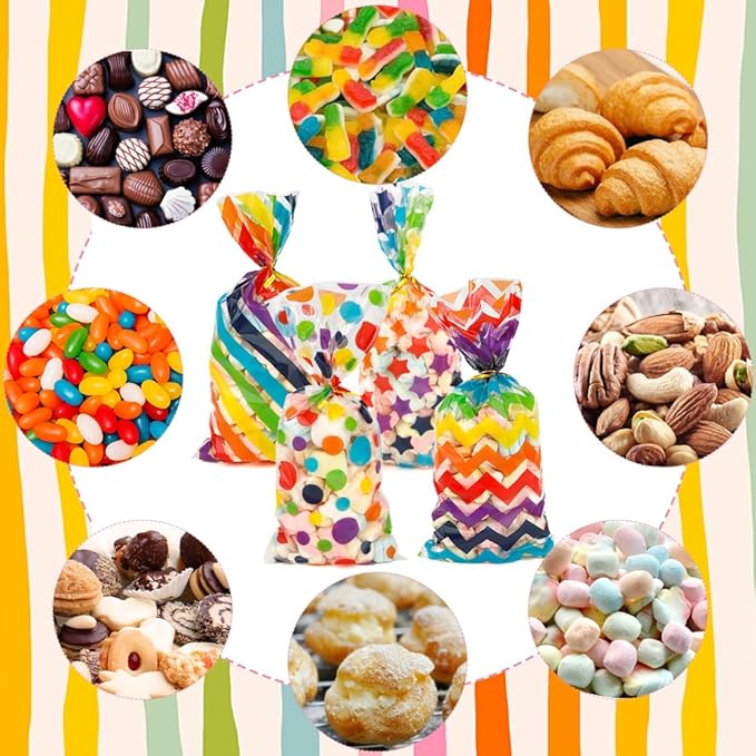 Party Favor Bags for Kids Birthday, 200 PCS Rainbow Cellophane Treat Goodie Candy Gifts Bags with Ties Colored Pouch Stuffers Baby Show Supplies Baggies Colorful Dot Stripes Printed Wrap(5x11 Inch)