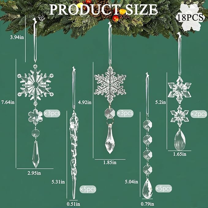 18pcs Crystal Christmas Ornaments for Tree Decorations-Hanging Acrylic Snowflake Icicle Ornaments with Drop Pendants for Winter Wonderland Chandelier Crystals Decorations Supplies (Pack of 2)