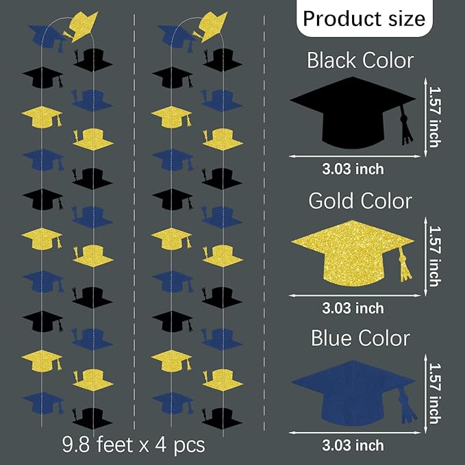 Blue and Gold Graduation Garland Graduation Party Decorations Class of 2026 Grad Cap Garland Banner Streamers for Grad Party Hanging Decorations 39Feet