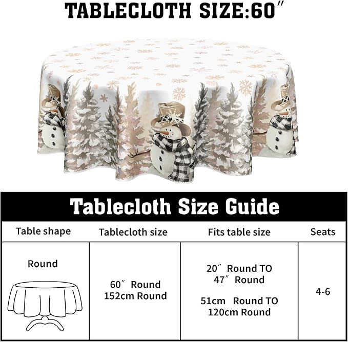 Gold Christmas Tablecloth Round 60 Inch Winter Snowman Snowflake Table Cloth Farmhouse Merry Christmas Table Cover for Kitchen Dinner Room Holiday Party Indoor Outdoor Home Winter Decor