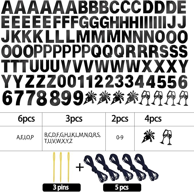 129Pcs Glitter Customizable Banner Kit DIY Custom Letter DIY Happy Birthday Letters 0-9 Numbers Anniversary Personalized Banner Decor For Wedding Birthday Party Decoration Supplies(Shiny Black)