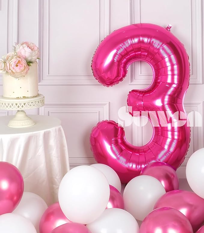 SUWEN 40 Inch Hot Pink Large 3 Number Balloons Big Foil Helium Number Balloons 0-9 Jumbo Happy 3rd Mylar Birthday Party Decorations for Girl Anniversary Party Supplies