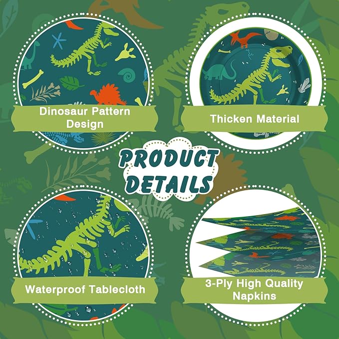 Dinosaur Birthday Decorations, 170 Pcs Dinosaur Party Supplies Including Banner, Plates, Cups, Napkins, Cutlery and Tablecloths, Serves 24