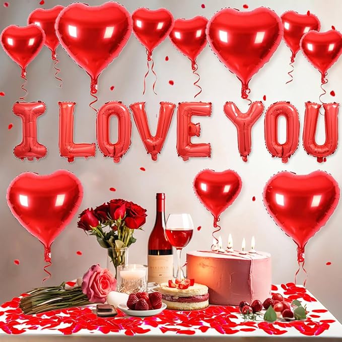 2 set 16 inch I Love You Balloons and Heart Balloons with 500 Pieces Rose Petals, Red I Love You Letter Balloon for Him/Her Valentines Day Decorations Wedding Anniversary Engagement