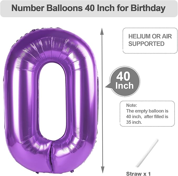 Purple Number Balloons for Birthday Party Decoration, 40 Inch Foil Number 0 Ballon for 0, 10, 20, 100, 2026 Celebration, Birthday, Baby Shower, Anniversary Decor