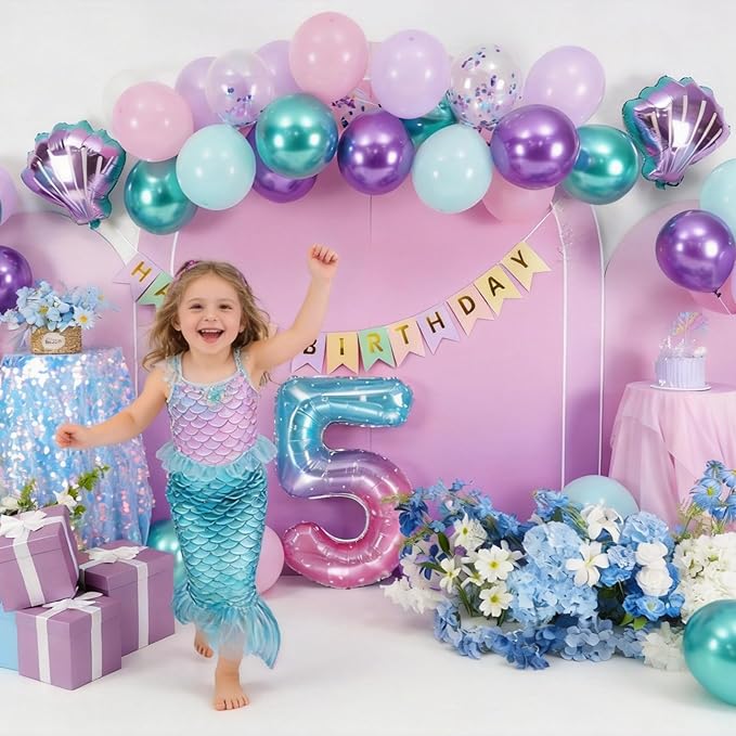 5th Mermaid Birthday Decoration for Girls,Pink Purple Green 5th Birthday Balloon Number 5 Seashell Foil Balloons Banner Mermaid Sea Party Decor Supplies for 5 Year Old
