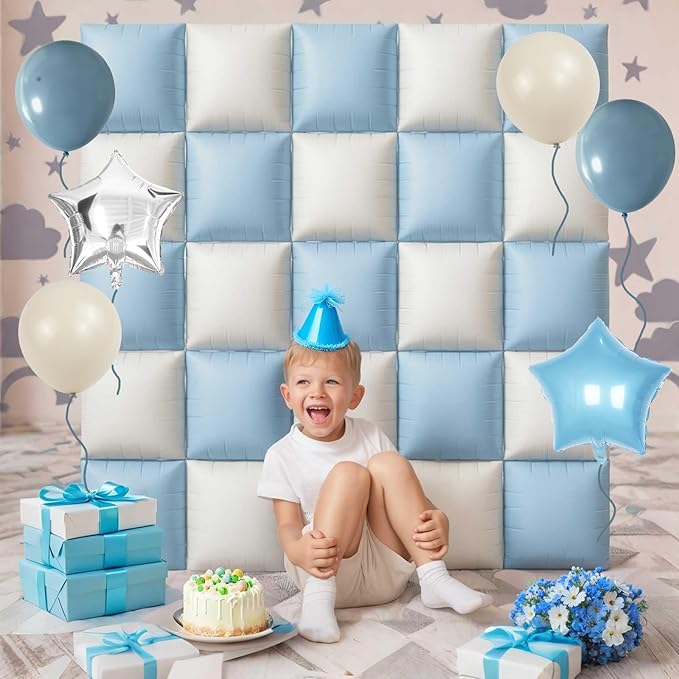 Baby Blue White Square Foil Balloons Wall, 25PCS Dusty Blue and Pastel Cream Square Balloons Backdrop, Double Sided Tunnel Arch Background for Boho Baby Shower Boys Men Birthdays Wedding Bridal