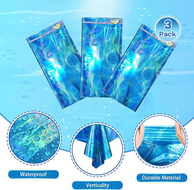 3-Pack Iridescent Wave Pattern Tablecloths, Holographic Shimmering Ocean Blue Disposable Tablecloths, 54 Inches x 108 Inches, Perfect for Summer Beaches, Birthdays, and Pool Party Decorations