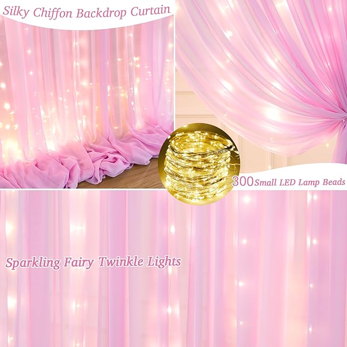 10x10ft Pink Chiffon Backdrop Curtain with Lights String for Wedding Sheer Tulle Curtain Photo Backdrops Drapes for Baby Shower Birthday Party Home Ceremony Decorations