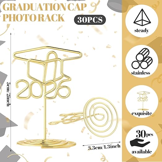 Rtteri 30 Pcs 2026 Grad Cap Graduation Picture Display 2 Inch Gold Photo Holders for Centerpieces Graduation Table Number Holders Card Stands for Class of 2026 Grad Party Supplies