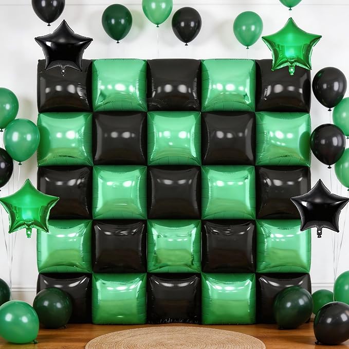 Black Green Square Foil Balloon Wall,25Pcs Double Sided Foil Balloons Backdrop Helium Tunnel Arch Garland Kit for Birthday Gradution Anniversary Baby Shower Party Decorations