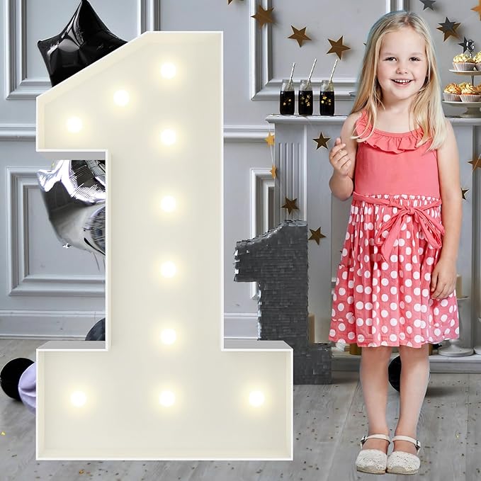 3FT Marquee Light Up Numbers Pre-Cut Frame Giant Marquee Numbers 1, Mosaic Numbers for Balloons, First 1st 21st Birthday Anniversary Decorations Party Decor