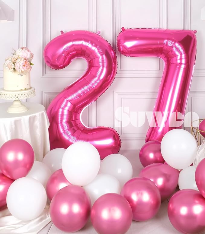 SUWEN 40 Inch Large Hot Pink 27 Balloon Numbers Big Foil Helium Number Balloons 0-9 Jumbo Happy 27th Mylar Birthday Party Decorations for Women 72 Anniversary Party Supplies