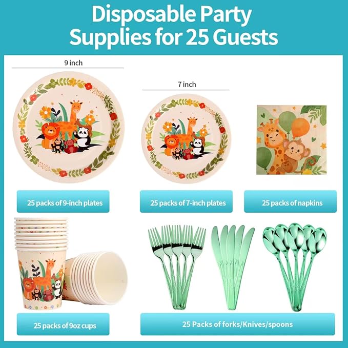 175 PCS Jungle Party Plate Set, Animal Theme Party Decorations, Wildlife Theme Disposable Tableware Set, Kids Birthday Plate Decorations. (25 guests)