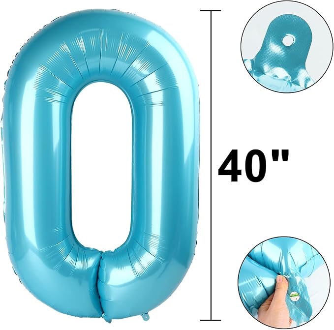 40 Inch Giant Number 0 Balloon Light Blue Foil Balloons for 10th 20th 30th 40th 50th 60th Birthday Decorations, Baby Shower Party Supplies 100 Anniversary Events Decorations
