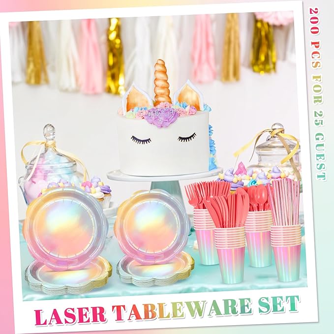 200 Pcs Iridescent Pastel Party Supplies Decorations, 25 Guest Scalloped Iridescent Pastel Plates and Napkins, Holographic Rainbow Plates Cups Napkins Straw Silverware for Girls Birthday