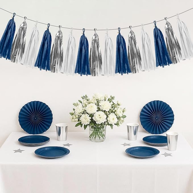 Silver Navy-Blue White Birthday-Party-Decorations - 15Pcs Tissue Paper Tassel Garland Graduation Christmas Decoration Baby Shower Bridal Wedding Engagement Bachelorette Hanging Decor HongTongTong