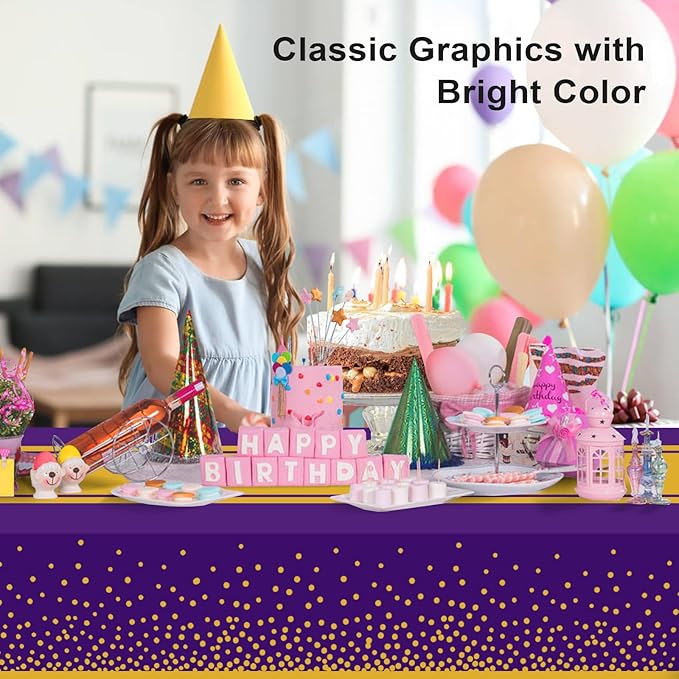 4 Pack Purple and Gold Tablecloth Party Decorations Plastic Purple Tablecloth Printed Gold Table Runner 54 x108 Inch Disposable Rectangle Table Cover for Birthday Wedding Graduation