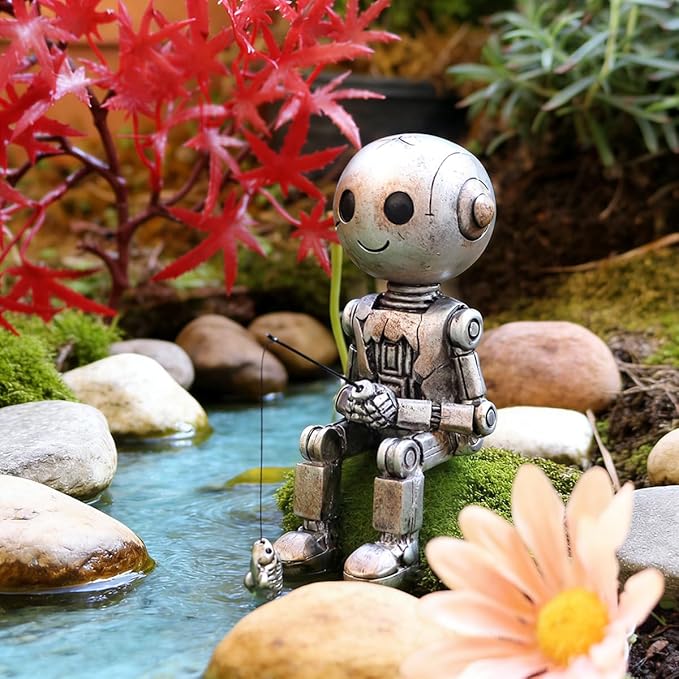 Fishing Robot Statue Funny Halloween Decorations, 4.33 Inch Cute Sitting Figurine Shelf Sitter Resin Sculpture for Outdoor Garden Yard Lawn Pond Waterfalls Pool Ornaments