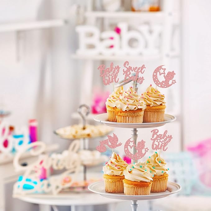 24Pcs Sweet Baby Girl Cupcake Toppers Rose Gold Glitter Moon Star Baby Shower Cupcake Picks Decorations for Gender Reveal Baby Shower Kids Girls Birthday Party Supplies