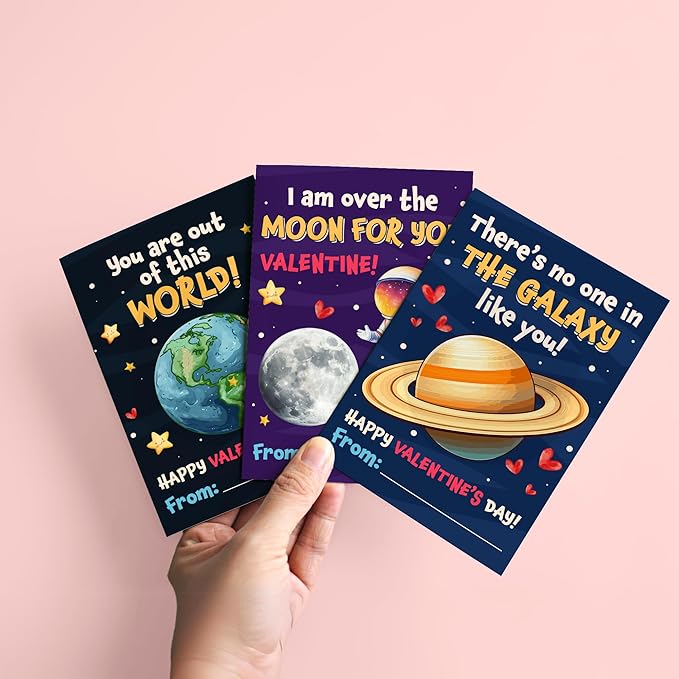 Pawzity 36 Packs Valentines Day Cards for Kids - Valentines Day Gifts for Kids Toddlers Classroom School Party Favors - Universe Planets Rocket Ship Galaxy 3.2''x 4.7'' Exchange & Envelopes, Stickers