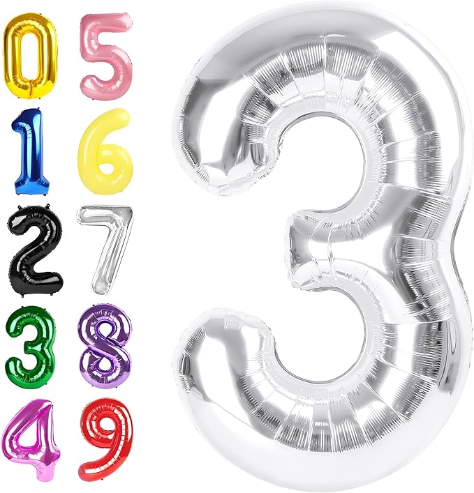 Silver Number Balloons 40 Inch, 3rd Birthday Decorations for Girls Boys, Number 3 Ballon for 3, 13, 23, 33 Celebration, Men and Women Birthday, Wedding, Anniversary Decor