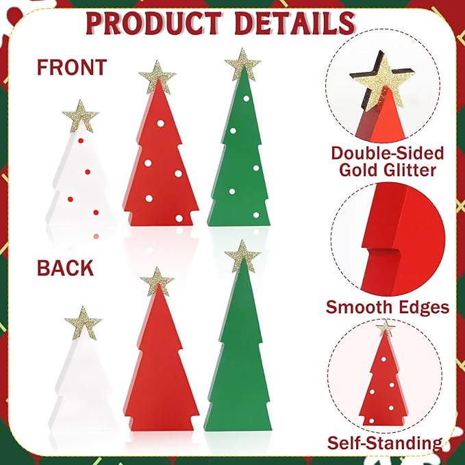 Christmas Decorations Indoor, 3PCS Christmas Trees Decorations Table Shelf Decor Wooden Sign Centerpieces with Glitter Star for Home Office Mantel Tabletop Fireplace Party Decor