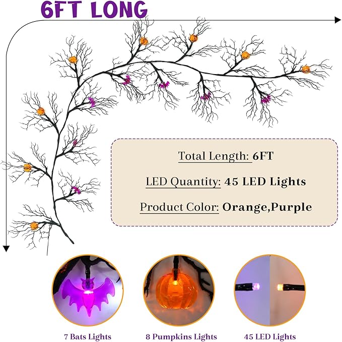 Joyhalo Halloween Garland with Lights Decorations with Pumpkin & Bat Lights,Battery Operated 6FT 46 LED Halloween Willow Vine Twig Garland for Mantle,Wall,Fireplace and Halloween Decorations