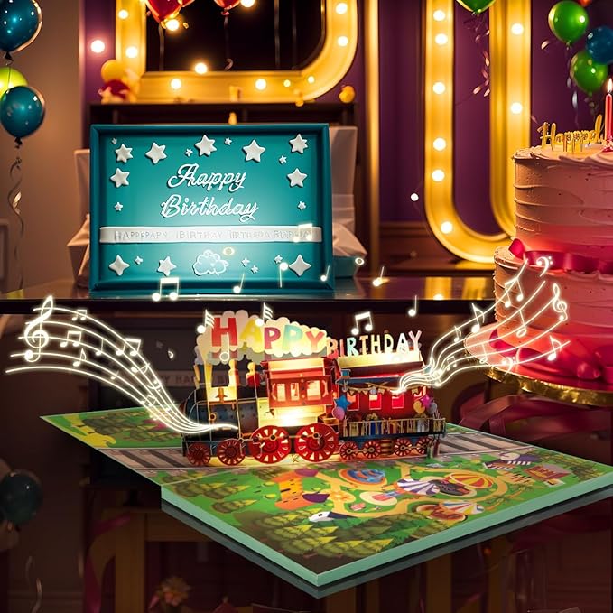 Musical Train Birthday Cards, 3D Lights and Music Happy Birthday Card, Pop Up Birthday Card, Funny Train Birthday Gift, for Son Daughter Boys Girls Nephews Nieces Friends.