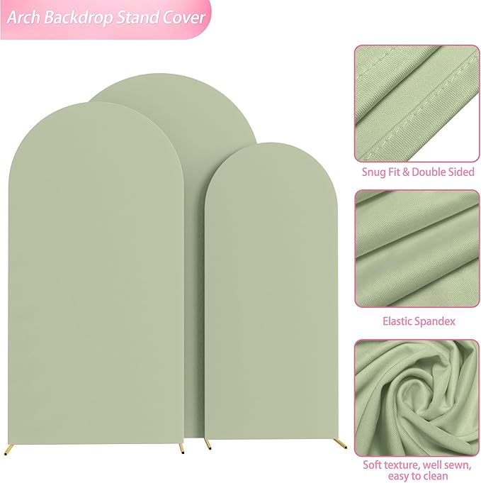 Wokceer Wedding Arch Backdrop Cover 7.2FT, 6.6FT, 6FT Set of 3 Spandex Fitted Sage Green Arch Covers for Round Top Chiara Arch Backdrop Stands Cover for Birthday Party Ceremony Decor