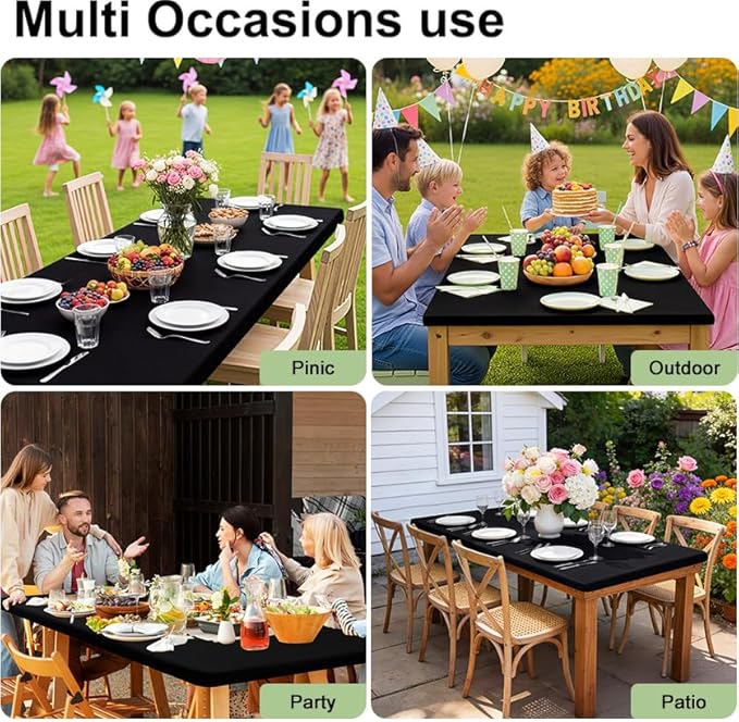 Smiry 2 Pack Rectangle Picnic Table Cloth, Waterproof Elastic Fitted Tablecloths, Washable Polyester Rectangular Patio Table Cover for Camping, Indoor and Outdoor (Black, 24"x60")