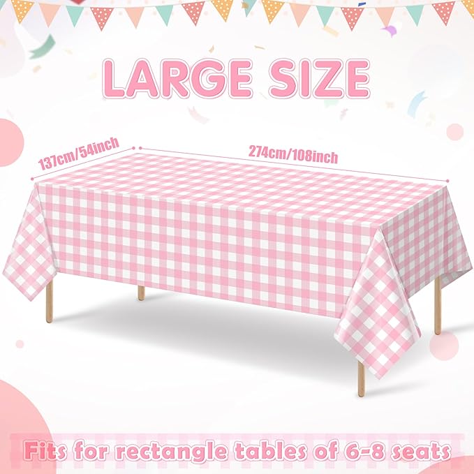 3pcs 54X108inch Pink Checkered Tablecloth,Pink Gingham Tablecloths Buffalo Plaid Disposable Plastic Table Covers for Birthday Baby Shower Bridal Wedding Party Birthday Decorations
