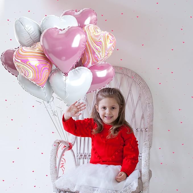 Pink White Agate Heart Shape Balloons - 10PCS Pink & White Foil Heart Balloons for Valentine's Day Decorations - 18inch