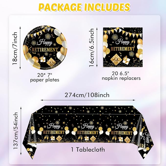 41PCS Retirement Decorations For Men Black and Gold Disposable Tablerware Decoration Favors Including Napkins Plates Tablecloth Set for Women Men Serves 20