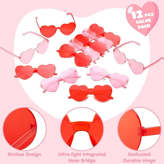 JOYIN 12 Packs Valentine's Day Plum Pink and Red Heart Shaped Sunglasses, Classroom Exchange Gift for Kids, Classroom Holiday Prizes, Sunglasses for Women and Girl, Party Favor Holiday Reward