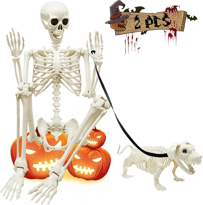 WODMAZ 5.4Ft Posable Halloween Skeleton, Full Body Life Size Skeleton with Dog Skeleton for Halloween Spooky Party Props Decor