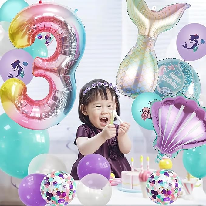 Mermaid Birthday Decorations Mermaid Balloons - Number 3 Balloons for Girls Under The Sea Mermaid Theme Baby Shower Birthday Favors